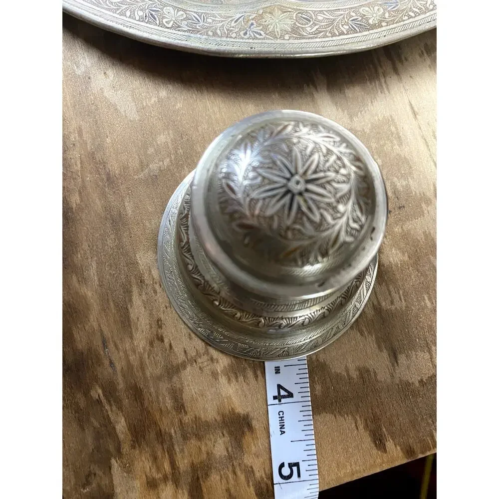 VTG Hand-Etched Brass Cocktail Shaker Set Tray 6 Goblets MCM